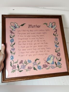 Vintage Framed Cross Stitch Needlepoint Wall Hanging | Mother Poem